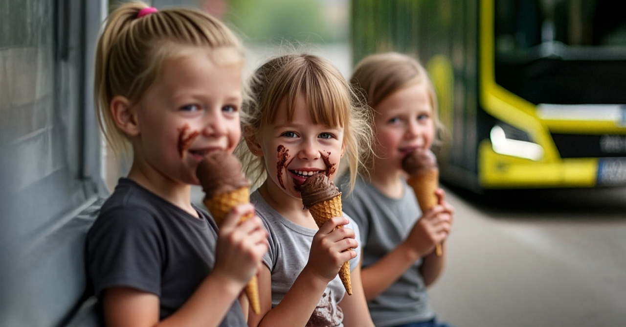 Kinder essen Schokoladeneis und lachen