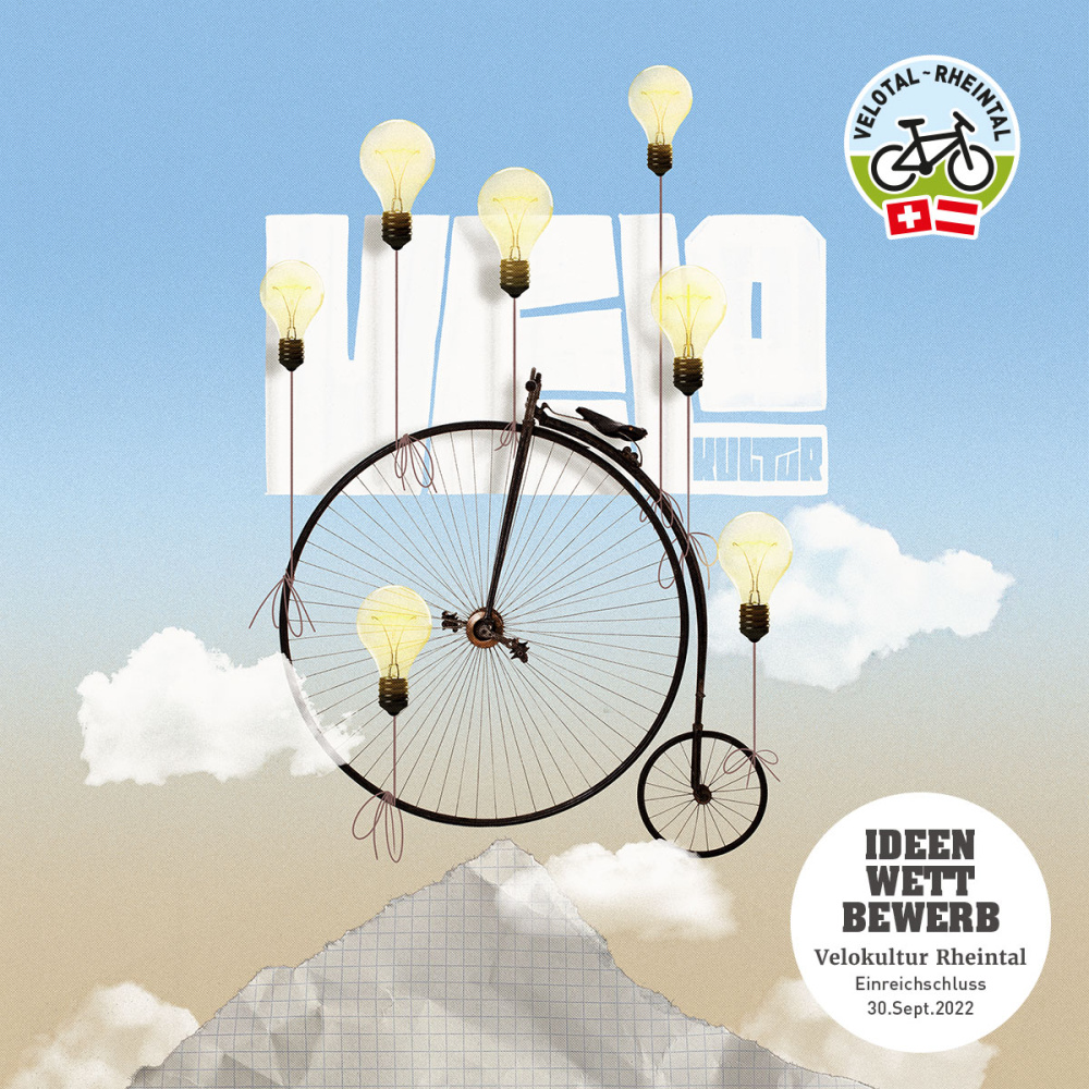 Velotal Sujet - ein Fahrrad schwebt an Luftballons, die die Form von Glühbirnen haben, vor einem fast wolkenlosen Himmel. 