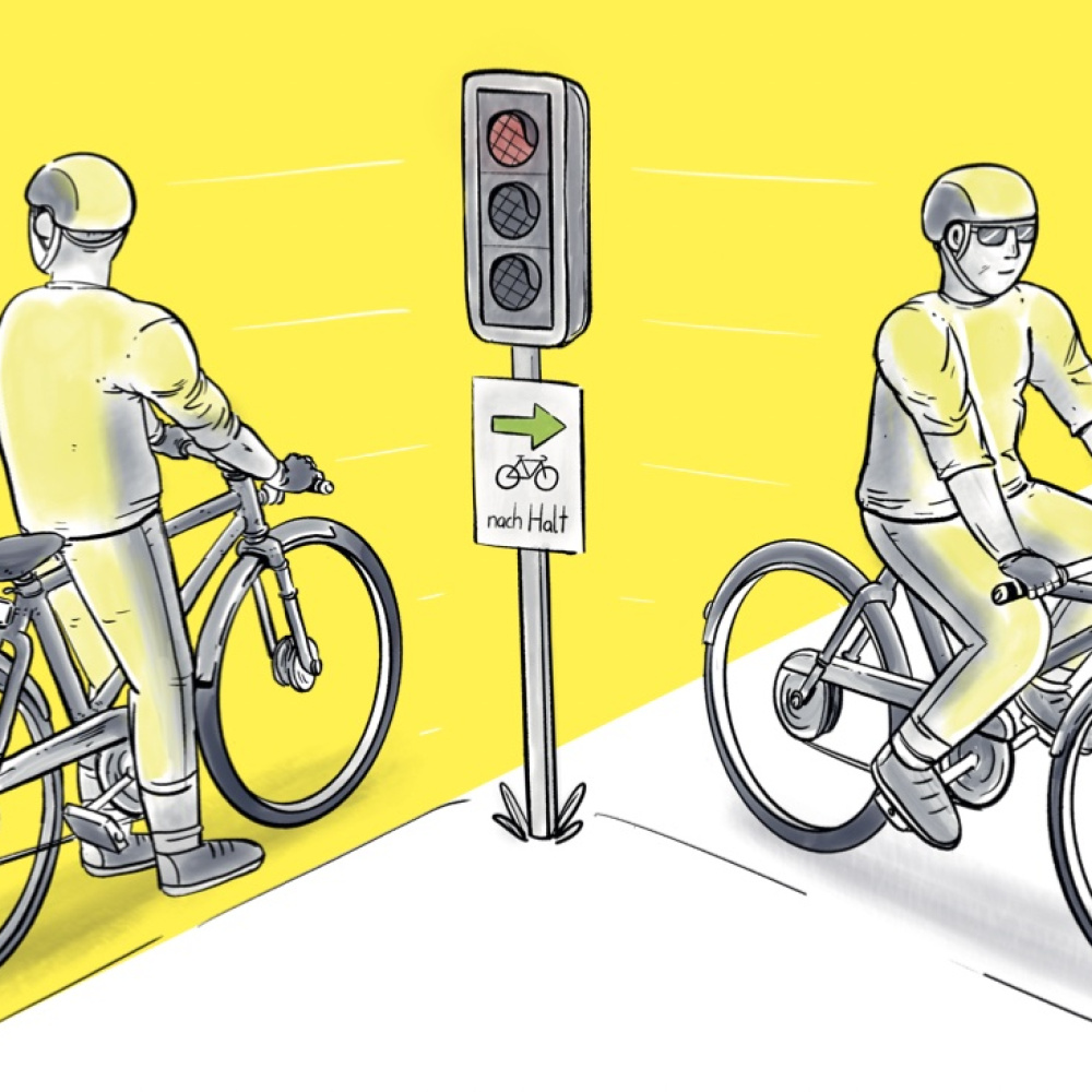 Symbolbild bei dem Radfahrer vor roter Ampel steht mit Schild, das das rechtsabbiegen bei roter Ampel gewährt. Der Radfahrer biegt ab.