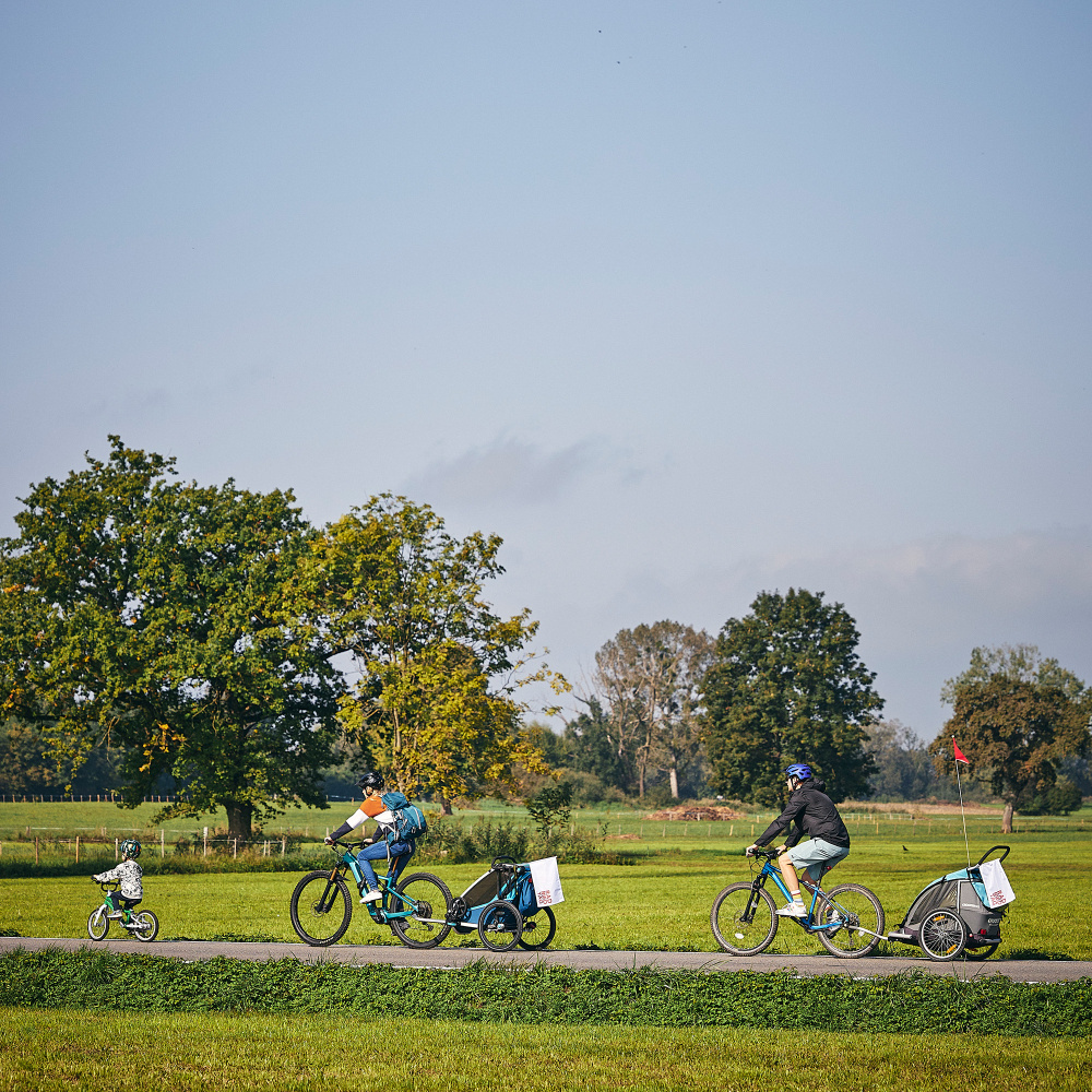 Eine Familie per Rad unterwegs auf den autofreien Straßen im Ried bei blauem Himmel, Sonnenschein und grünen Wiesen