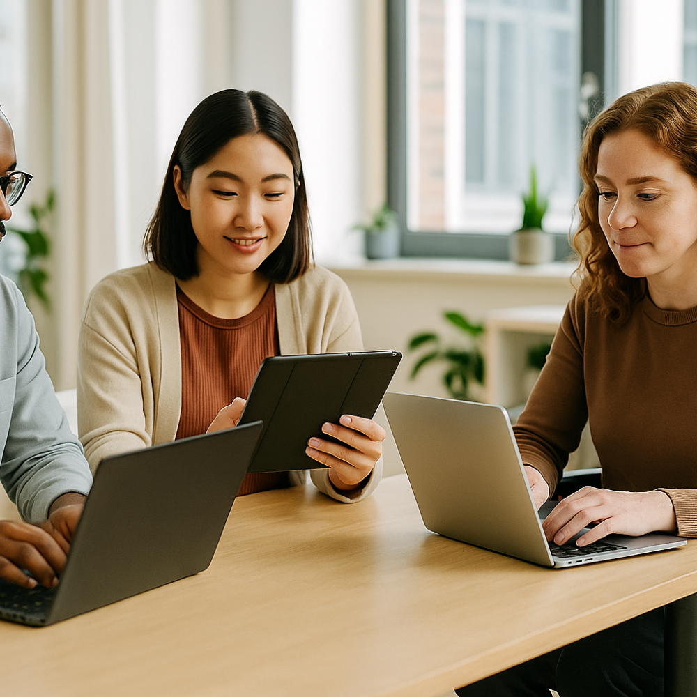 Gruppe von Menschen im Gespräch am PC