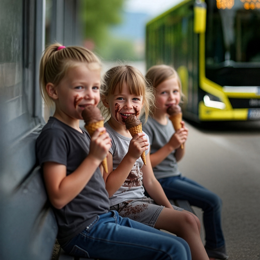 Kinder essen Schokoladeneis und lachen