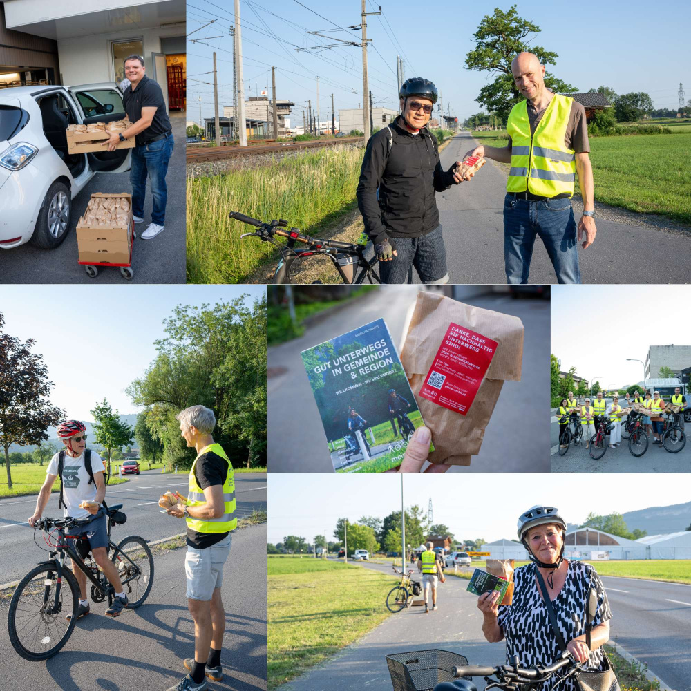 Fotocollage der plan b-Dankesaktion mit Zöpfle-Verteilung und Gesprächen mit Radfahrer:innen