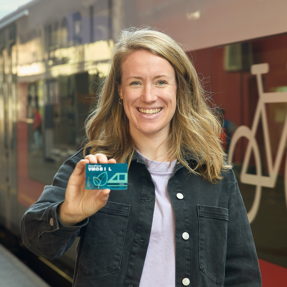 Eine Frau steht am Bahnsteig vor einem Zug und zeigt ihr Klimaticket VMOBIL