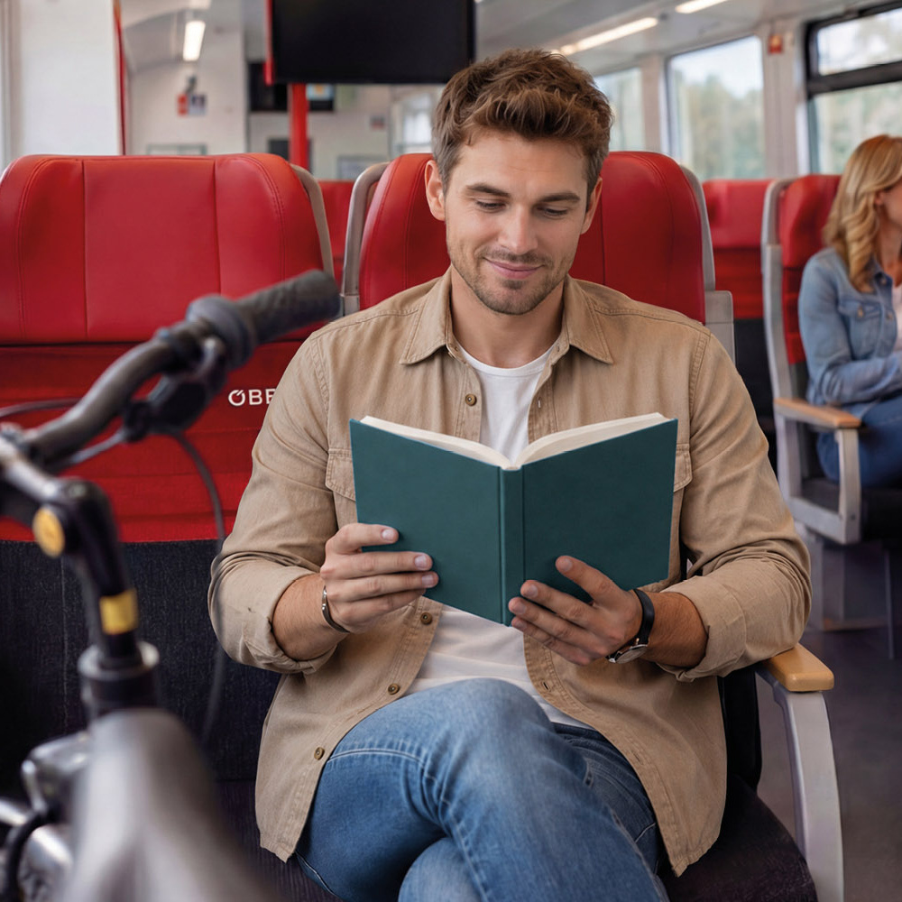 Ein Mann sitzt im Zug und liest entspannt ein Buch (KI-generiert)