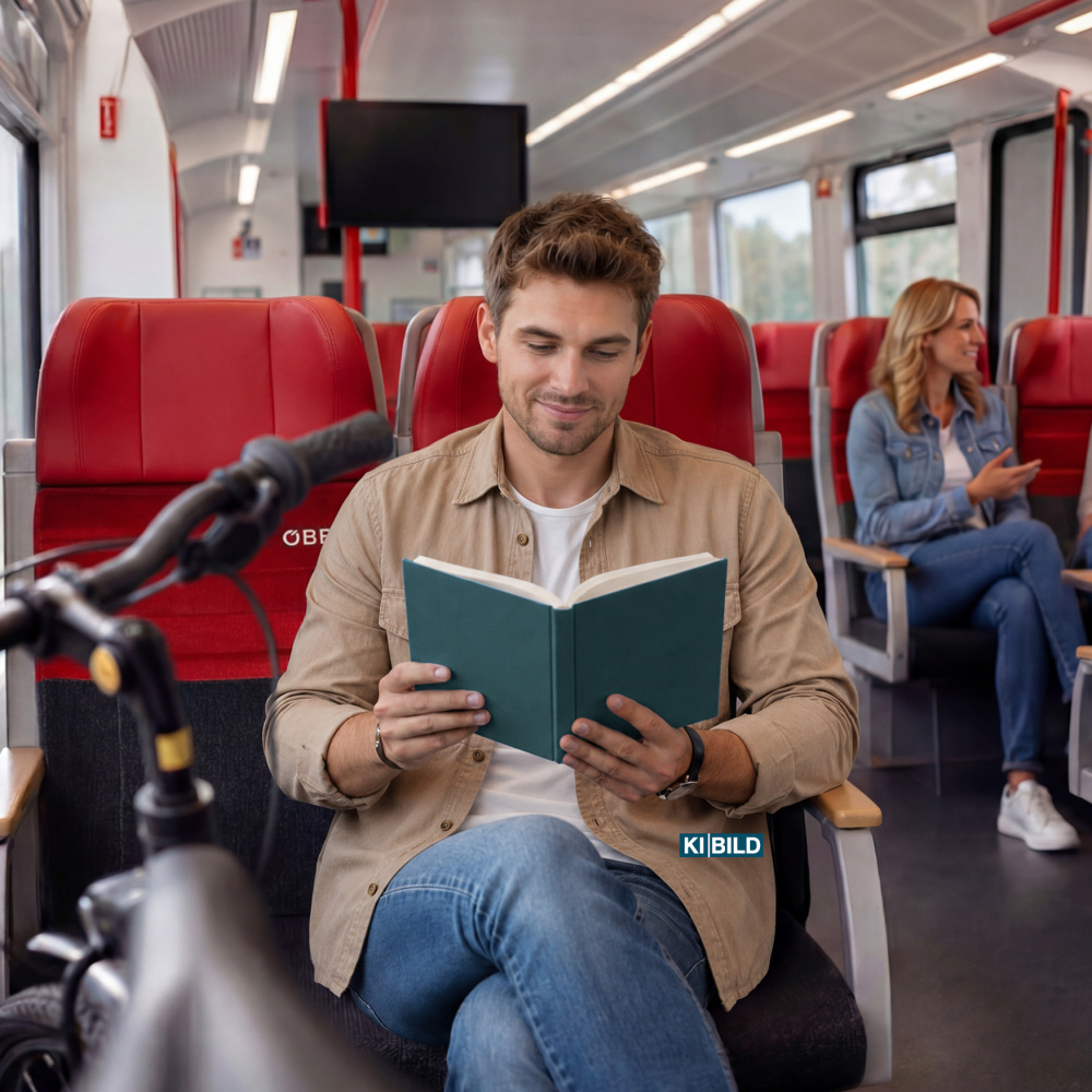 Ein Mann sitzt lesend im Zug (KI-generiert)