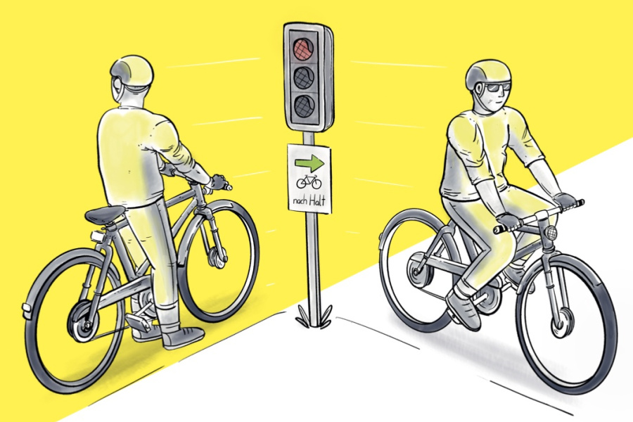 Symbolbild bei dem Radfahrer vor roter Ampel steht mit Schild, das das rechtsabbiegen bei roter Ampel gewährt. Der Radfahrer biegt ab. 