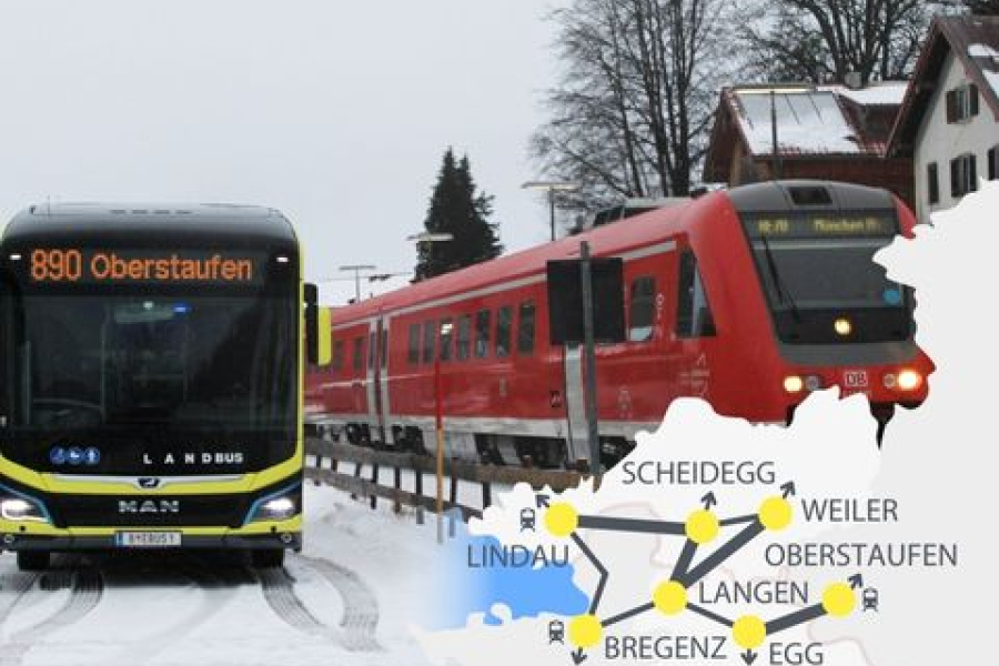 Österreichische E-Bus von Schedler Bus und die Deutsch Bahn im Winter