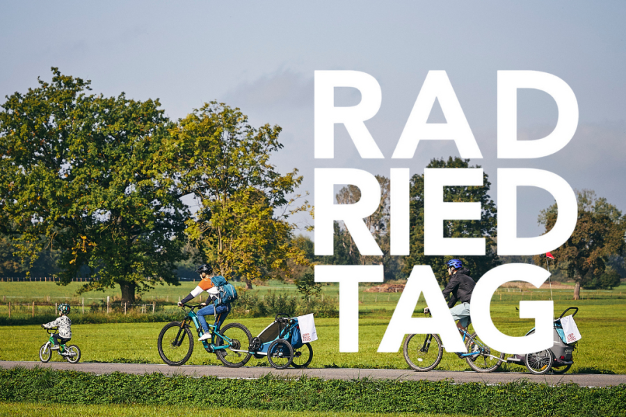 Eine Familie per Rad unterwegs auf den autofreien Straßen im Ried bei blauem Himmel, Sonnenschein und grünen Wiesen