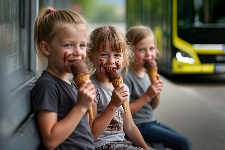 Kinder essen Schokoladeneis und lachen