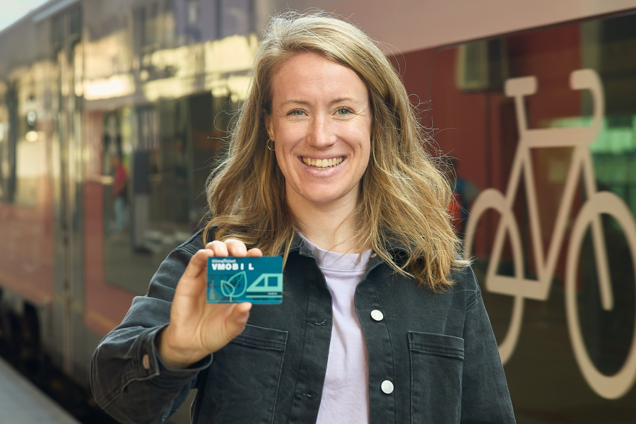 Eine Frau steht am Bahnsteig vor einem Zug und zeigt ihr Klimaticket VMOBIL