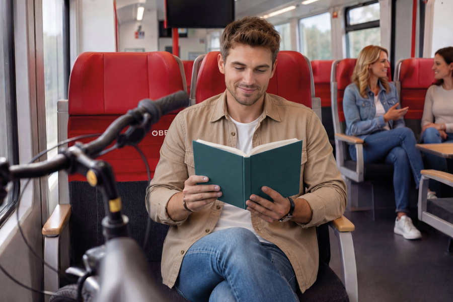 Ein Mann sitzt im Zug und liest entspannt ein Buch (KI-generiert)