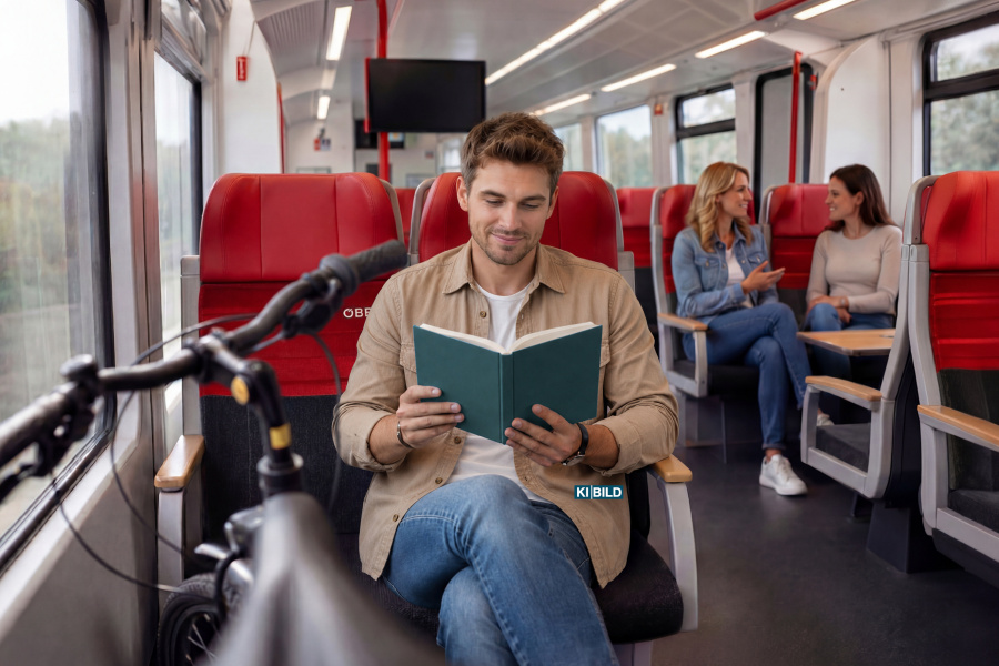 Ein Mann sitzt lesend im Zug (KI-generiert)