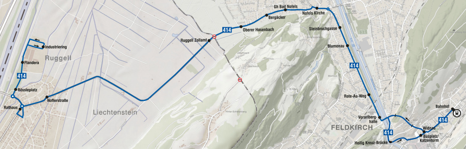 Streckenverlauf der Linie 414 von Feldkirch  nach Ruggell