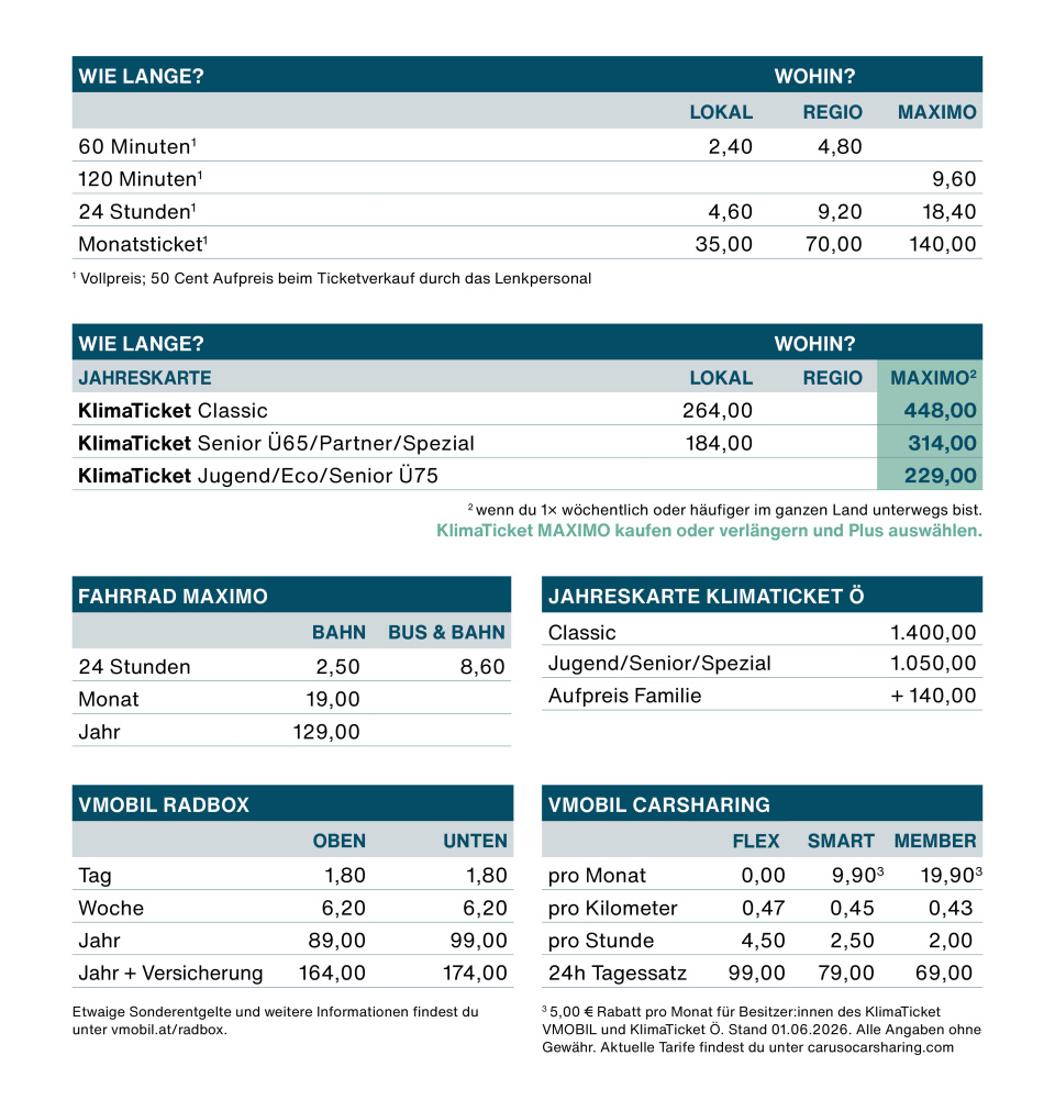 Tariftabelle gültig ab 1.6.2026